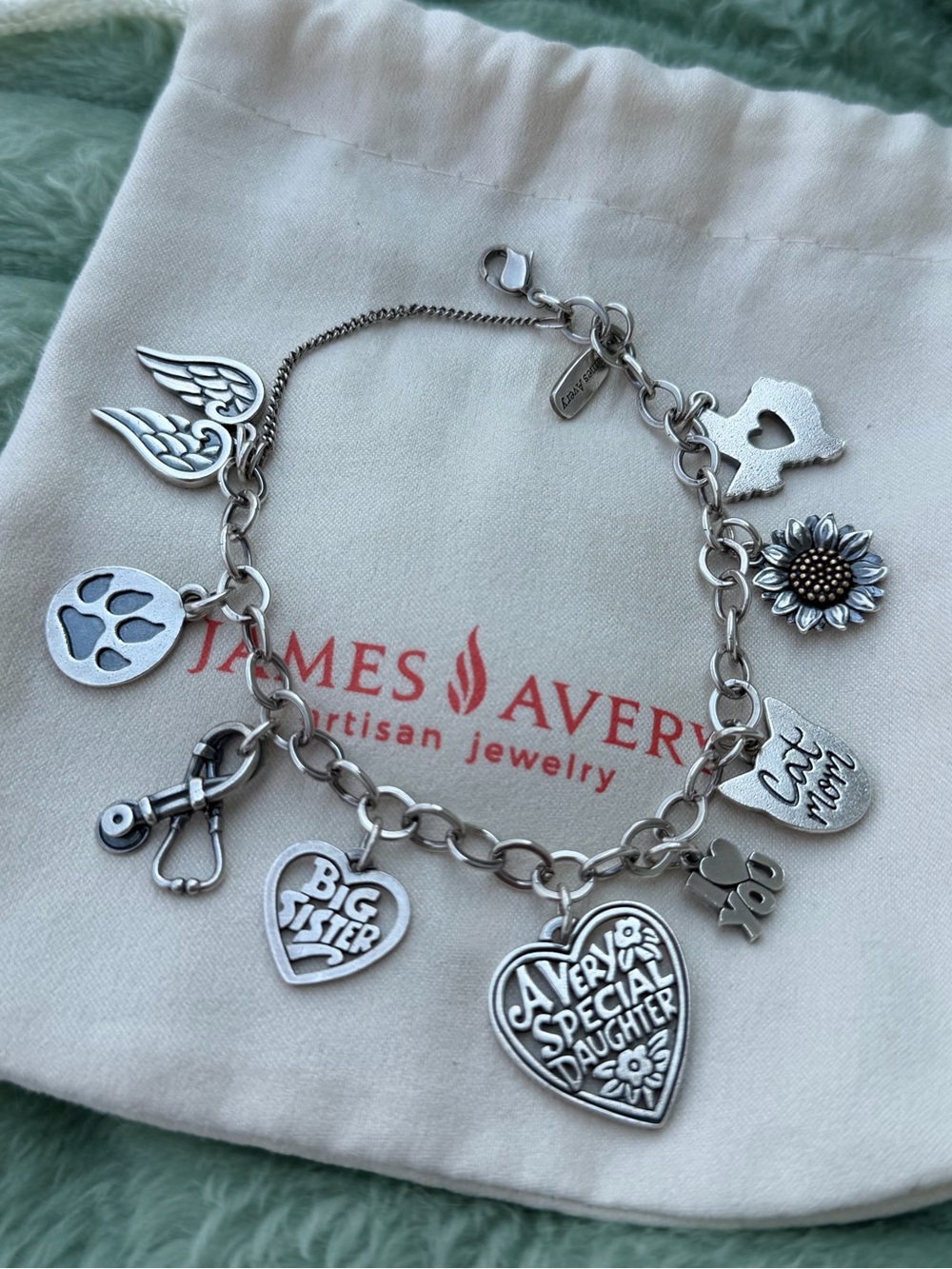 James Avery Silver Charm Bracelet with Heart, Sunflower, Wing and Paw Charms - Picture 2 of 5